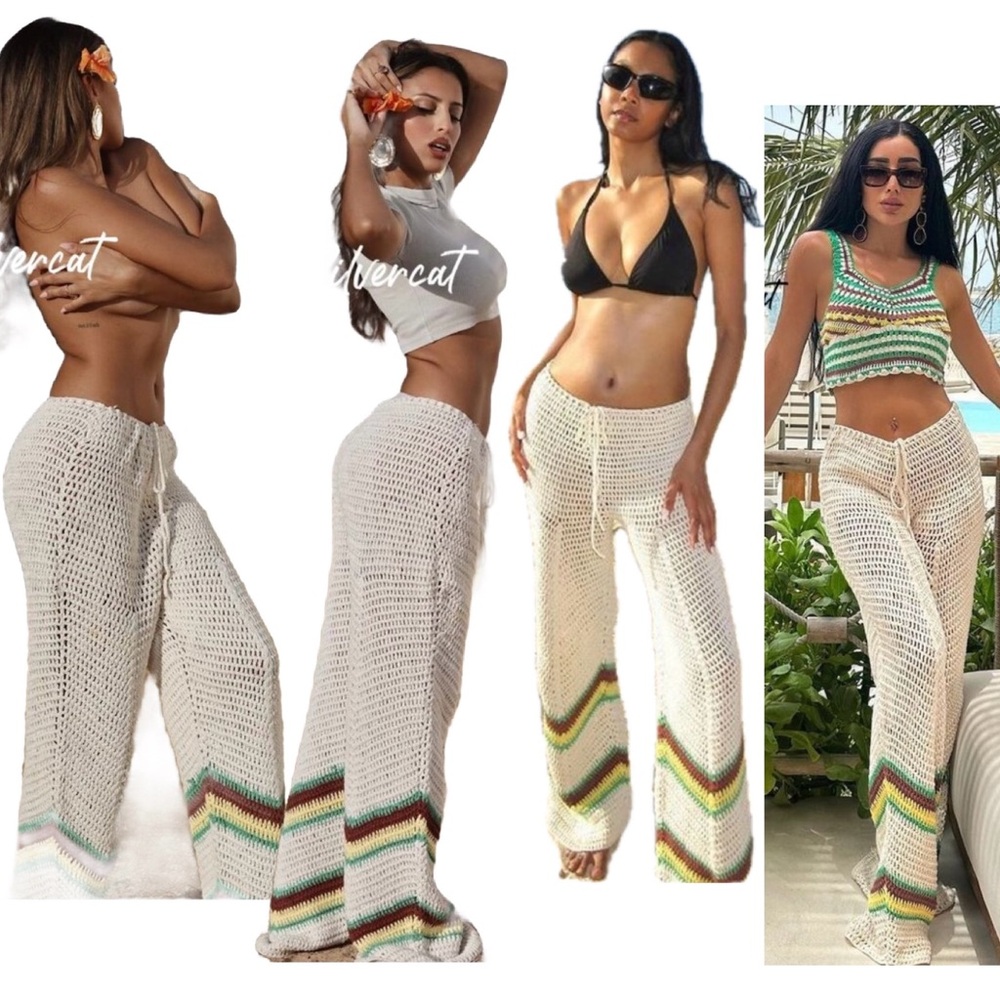 Zara crochet knit Rasta pants drawstring beach coverup Sz M NWOT summer vacation - Picture 4 of 14
